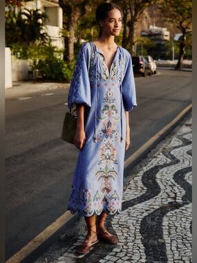 farm rio seashell tapestry cotton midi dress FARM Rio Women's Seashell Tapestry Pink Midi-Dress